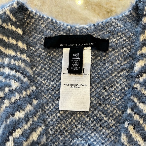 White House Black Market "Jacquard Belted Ruana" Poncho Sweater Blue White OS - Picture 7 of 16